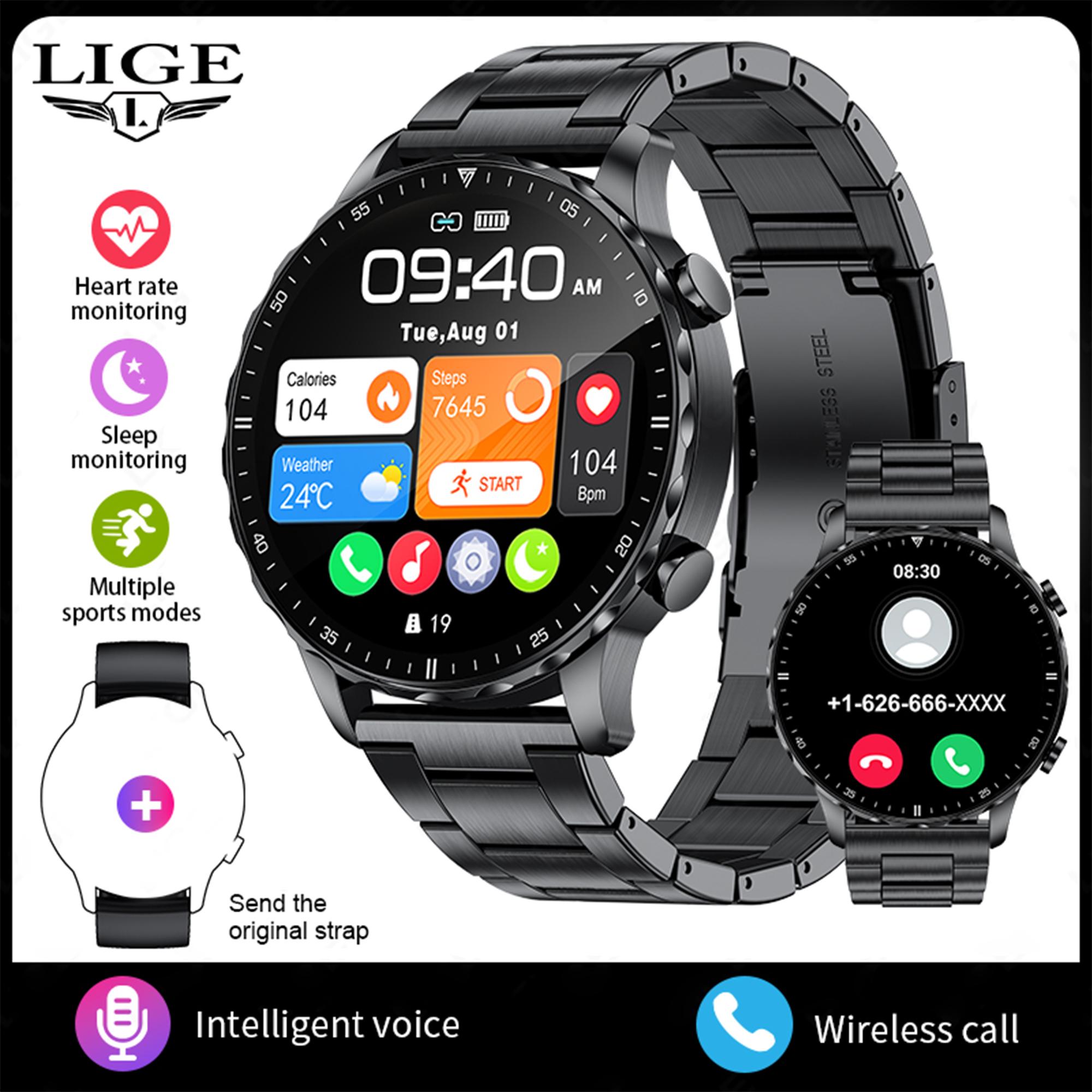 

LIGE Новые умные часы мужские Bluetooth звонки обнаружение сердечного ритма спортивные водонепроницаемые умные часы steel strap чёрный