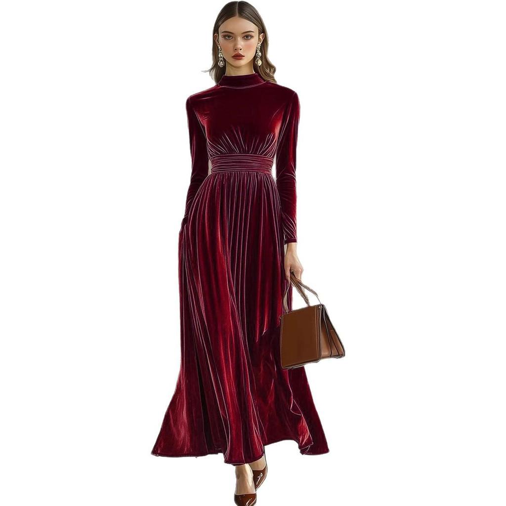Women's Elegant Gold Velvet Long-Sleeve Dress with Cinched Waist and Flared Hem for Autumn/Winter