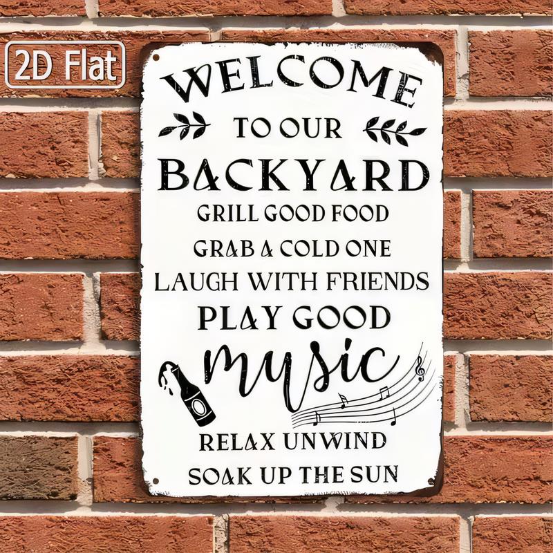 Tin Sign for Home Garden Patio Decor Welcome To Our Backyard Grill Good Food Grab A Cold One Laugh With Friends Play Good Musi