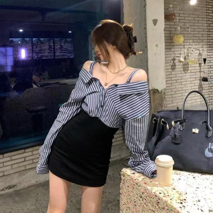 

2025 Autumn Striped Off-Shoulder Camisole Dress with Long-Sleeve Shirt and Hip-Wrap Skirt - Women s Two-Piece Look Extra Large