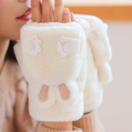Women Winter Plush Gloves Thickened Warm Fuzzy Rabbit Mittens Girls Convertible Winter Fingerless Mittens