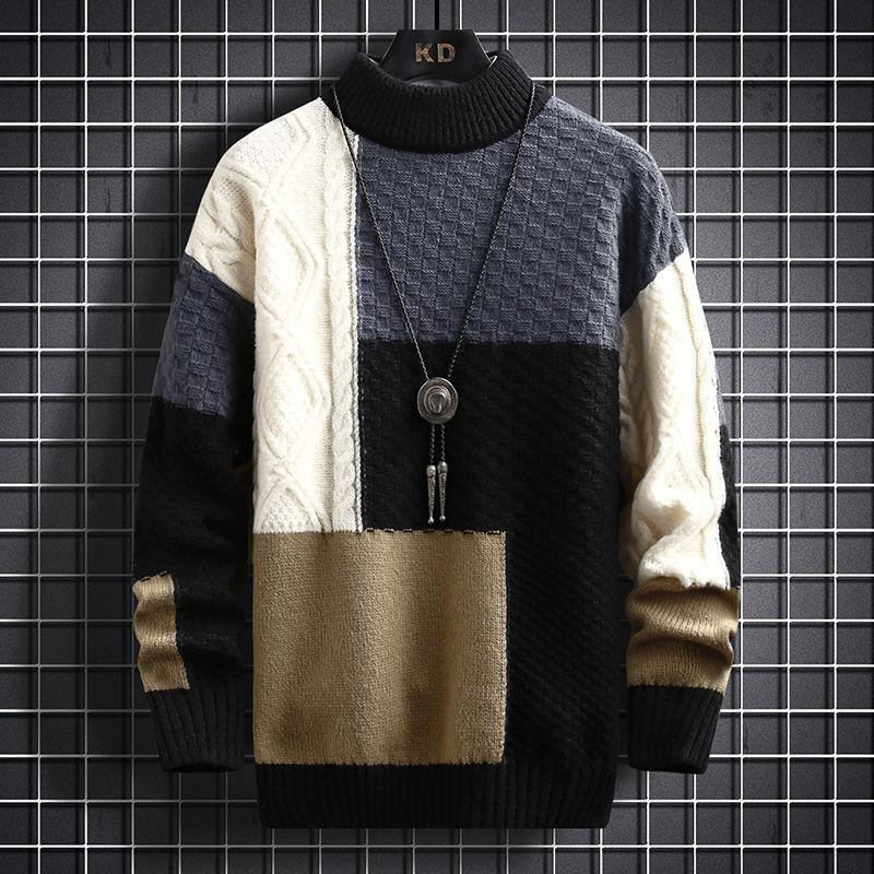 Mode Allgleiches Patchwork Pullover Jumper männer Winter Casual Lose Wolle Warme Knited Rollkragen Pullover Top