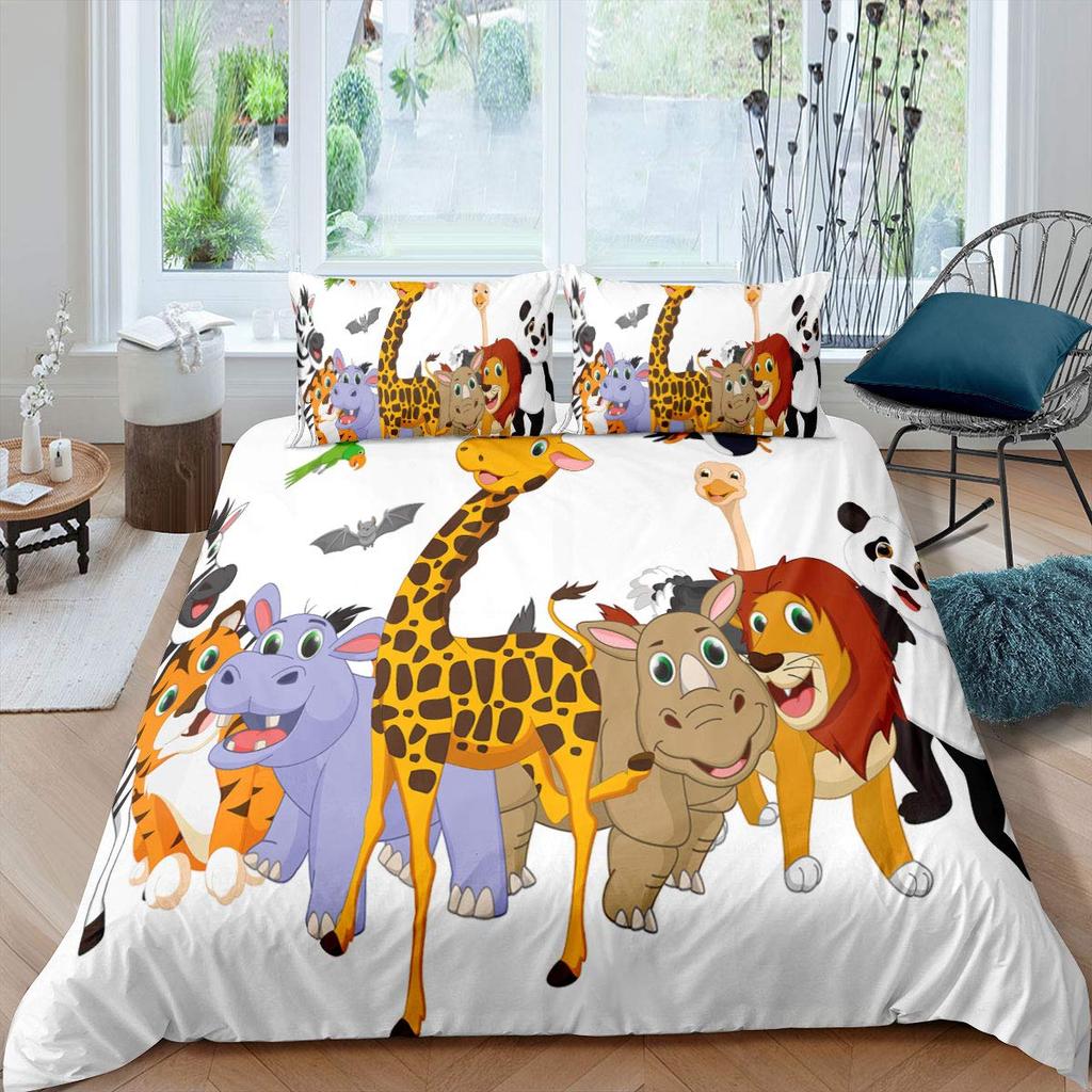Zoo Theme Duvet Cover Set Animals Pattern Polyester Comforter Cover King Queen Size Cartoon Cute Animals For Kids Bedding Set