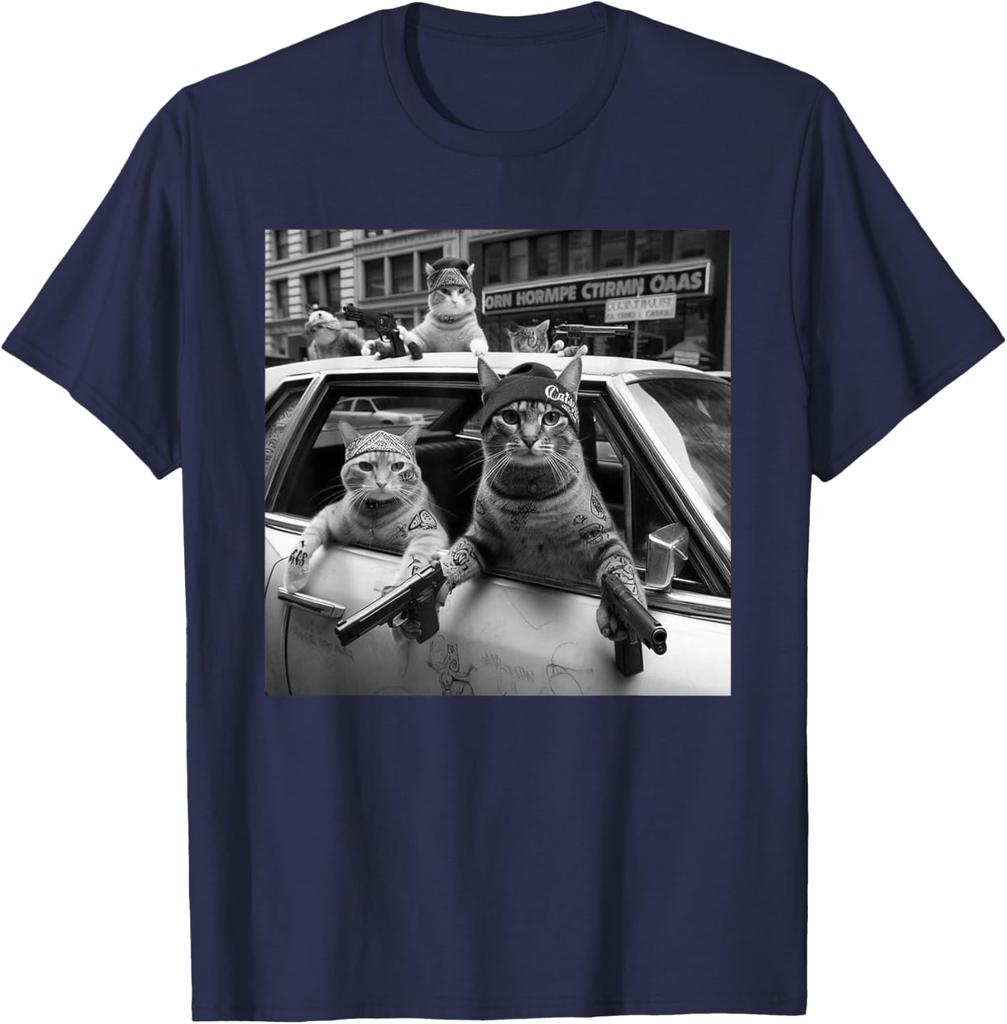 Print Gangster Cats Graphic Tee Men's Funny Street Style Oversized T-Shirt Casual Daily Print Round Neck