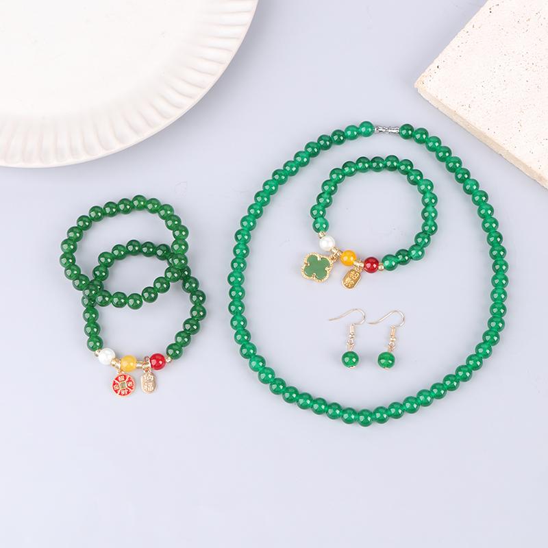 3Pcs Vintage Simple Imitation Jade Necklace Bracelet Earrings Jewelry Set For Women Temperamen Banquet Accessory