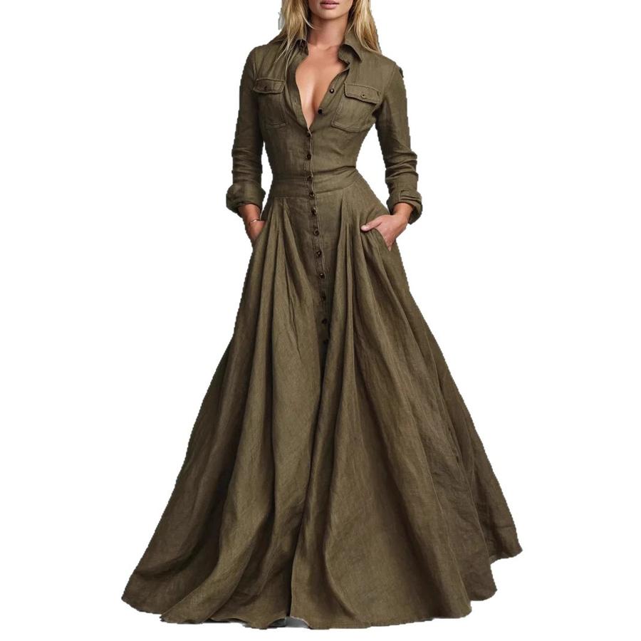 Women's Ins Style Solid Buttoned Shirt Collar Long Sleeve Maxi Dress