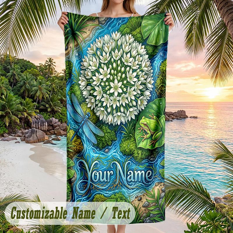 Natures Serenity Garden Theme Quick Dry Beach Towel Custom Name Text Print Large Sand Resistant Towel Beach Vacation