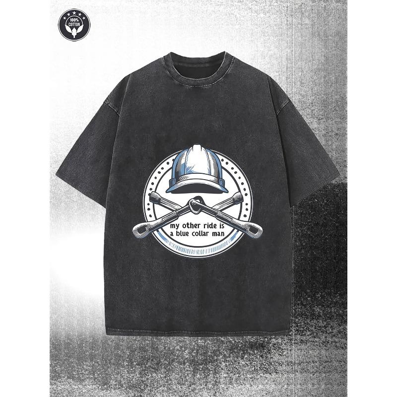 

Men S Summer Loose Water-Washed T-Shirt - a Relaxed Fit Streetwear Tee Featuring a Hard Hat And Wrench Graphic Print, Outdoor Activities S чёрный