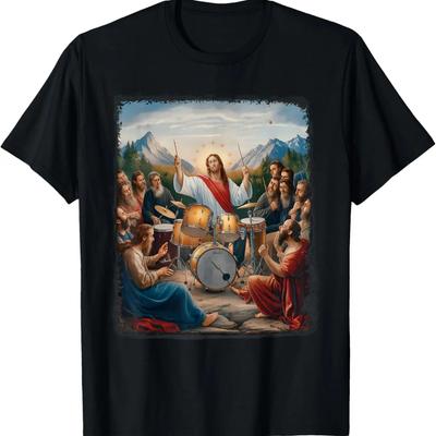 Jesus Playing Drums Funny Christian Drummer Painting T-Shirt