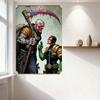 Post-Apocalyptic Confrontation Metal Tin Sign, Large Bald Man with Mechanical Eye & Scythe vs Small Man with Futuristic Gear, Gr