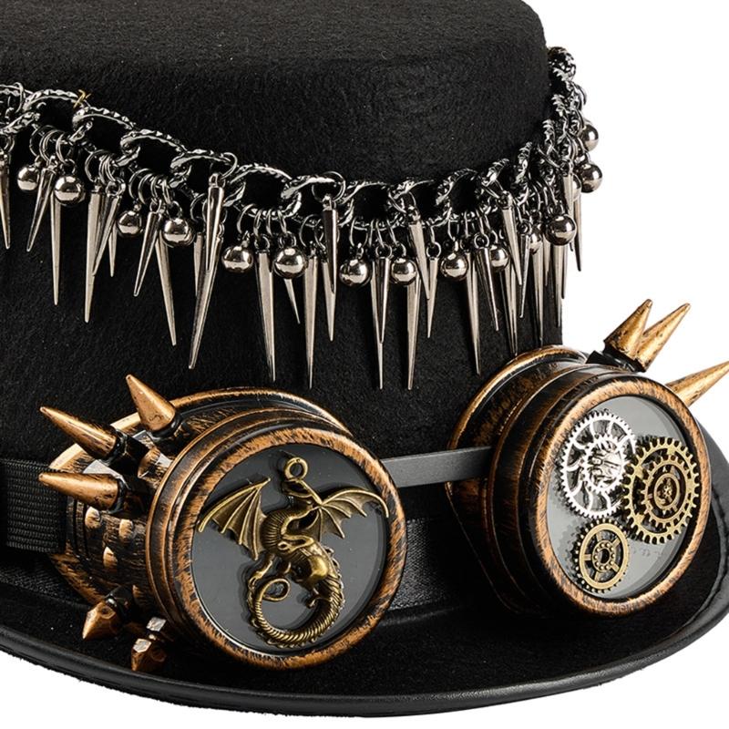 Steampunk Top Hat With Detachable Goggles Rivets Fringe Gear Decors Tall Hat For Halloween Costume Party Accessories