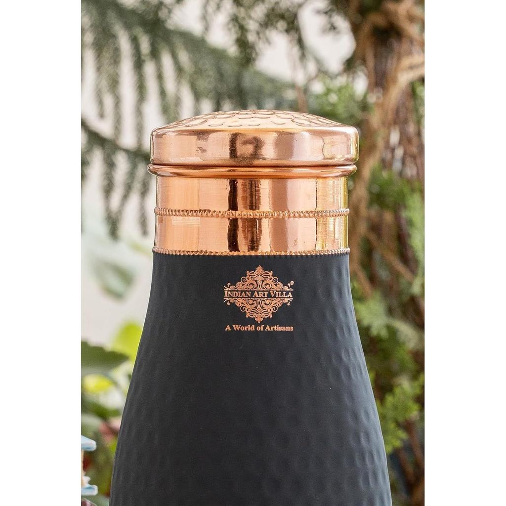 Pure Copper Bedroom Bottle with Inbuilt Glass, Grey Silk Finish Hammered Design, Volume-900 ML (Pack of 2)