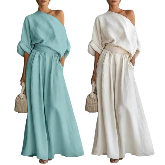 Women's Cotton Linen 2 Piece Sets Casual One Shoulder Half Sleeve Top And Wide Leg Pants Summer Vacation Lounge Outfits