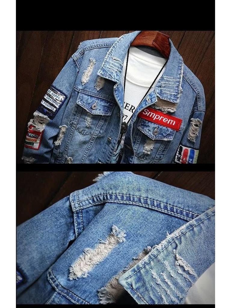 Herren Europäischer Stil Retro Bestickte Zerrissene Jeansjacke