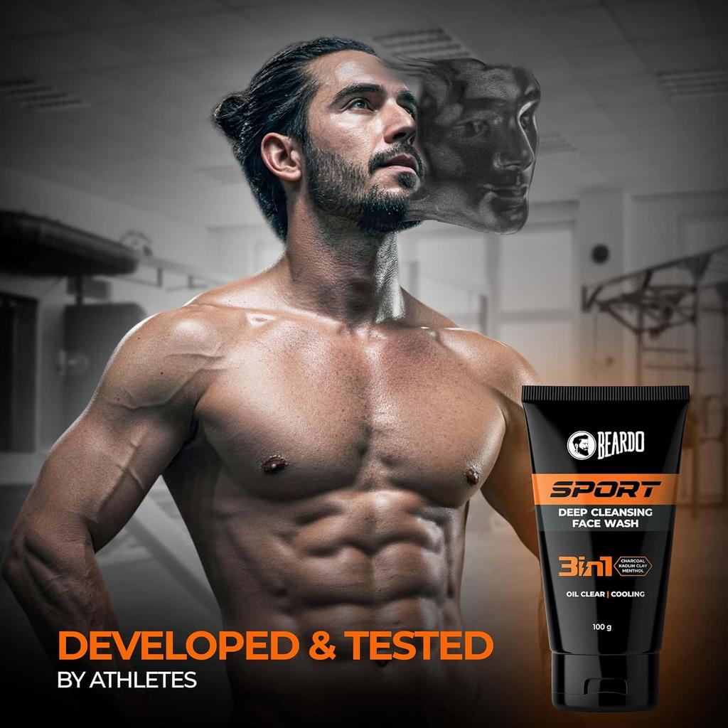 Beardo Sports Face Wash for Men 100g Pack | Oil Control, Menthol Cooling Cleanser for Oily Skin
