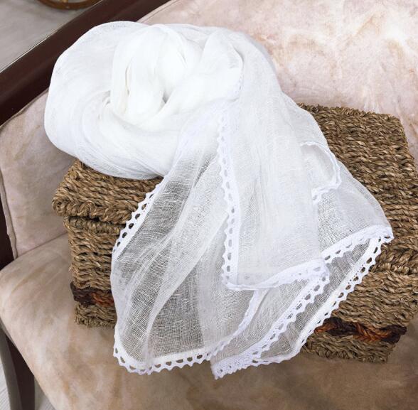 Spring And Autumn Thin Pure Linen Scarf Lace Design Pure White Scarf Ladies Summer Scarf Linen Outdoor Scarves