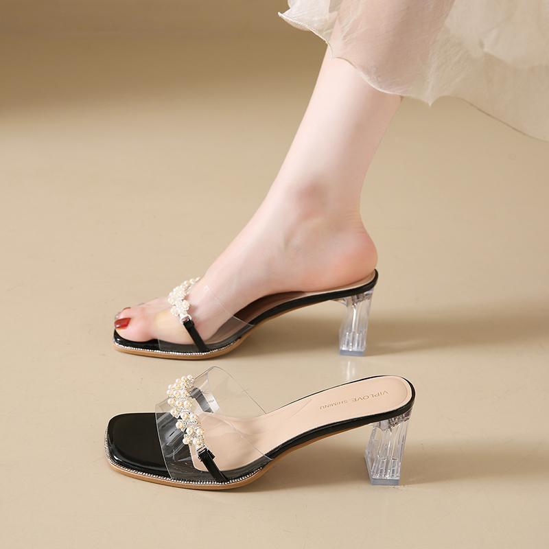 Fashion CRLAYDK Summer Womens Chunky Heel Sandals Open Toe Transparent Slip On Ladies Dressy Casual Party Wedding Mule- Nude Shoes