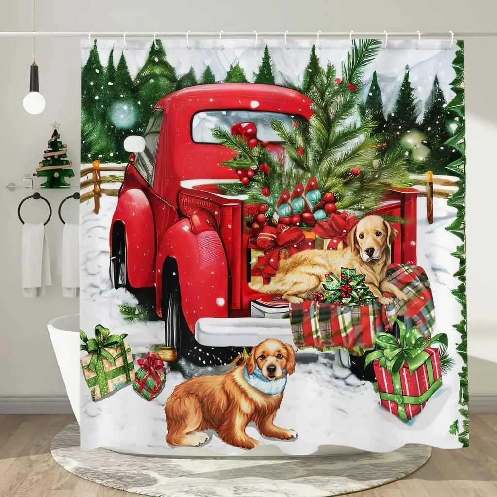 Theme Shower Truck Christmas Tree Gift Deer Red Bird Pinecone Snow Scene Baths Curtain Bathroom DecorXT6