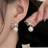 Korean Elegant Rhinestone Pearl Bow Drop Earrings for Women