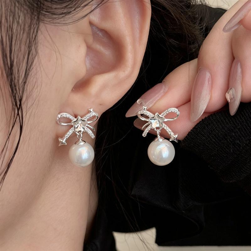 Korean Elegant Rhinestone Pearl Bow Drop Earrings for Women
