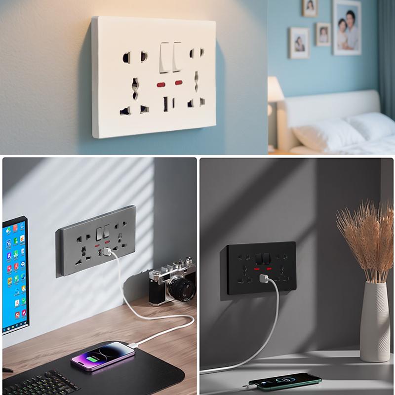 Universal Wall Socket with USB-C USB Charger & Switches- 2 Gang Power Outlet With LED, Flush Mount, AC 110-250V