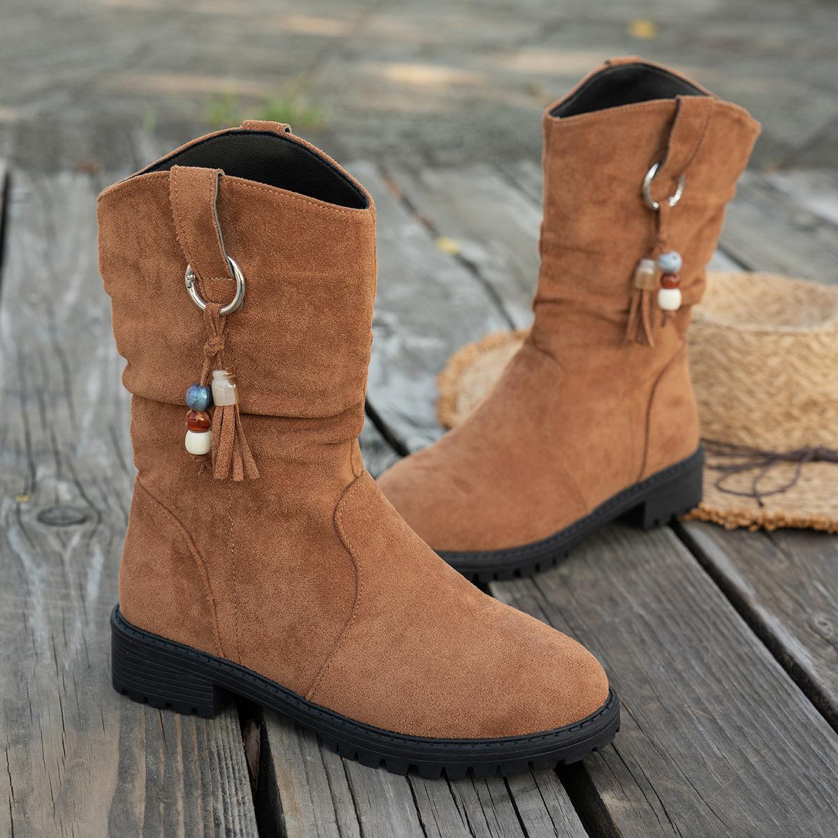 

Женские винтажные ботинки до середины икры с морщинами, замшевые, в западном стиле, широкой посадки, удобные, прочные, осенние, повседневные ковбойские ботинки 35