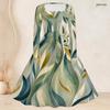 Women Plus Size Square Neck Long Sleeve Blue Green Leaf Printed Tie Waist A Line Flared Dress