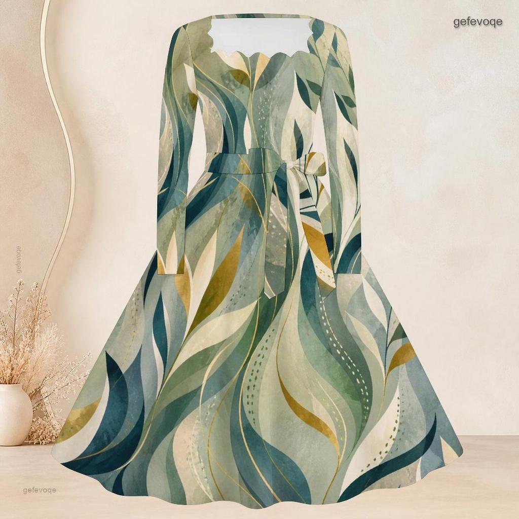 Women Plus Size Square Neck Long Sleeve Blue Green Leaf Printed Tie Waist A Line Flared Dress