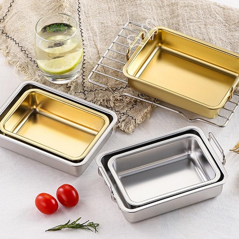 Rectangle Oven Tray for Casserole Bread Pizza Stainless Steel Deep Roasting Pan with Portable Handle Kitchen Accessories