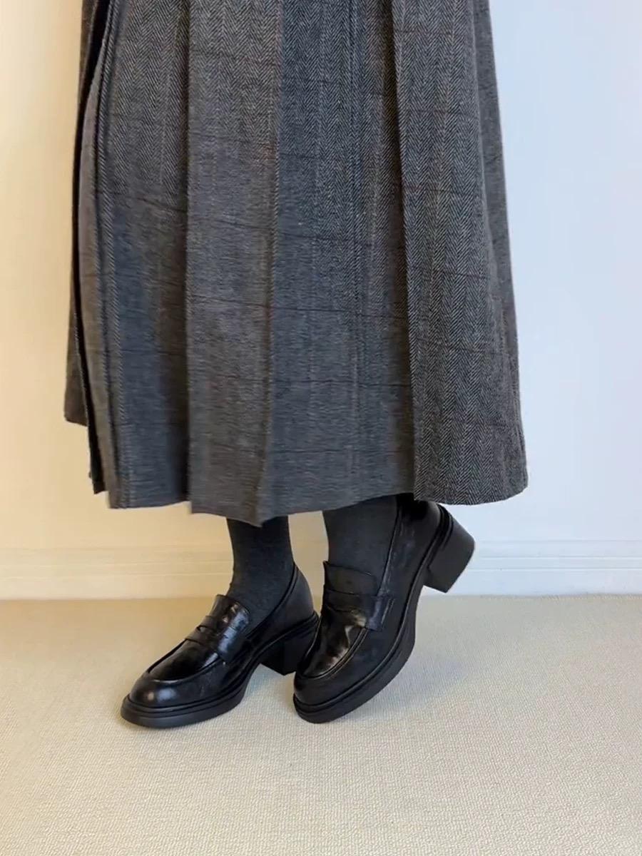 

Lan Cabinet Edition~ New retro thick-heeled loafers women s one-pedal round-headed single shoes soft leather commuting lazy small leather shoes 35 чёрный