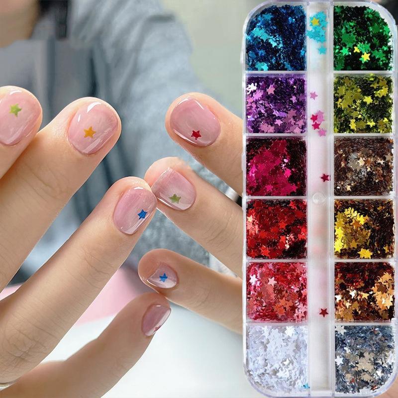 12 Bölmeli/Kutu Tırnak Güçlendirme Kelebek Payetler Ultra İnce Yıldız Fiyonk Şekilleri Simli Degrade Tırnak Sanatı Dekorasyonları Aksesuarları
