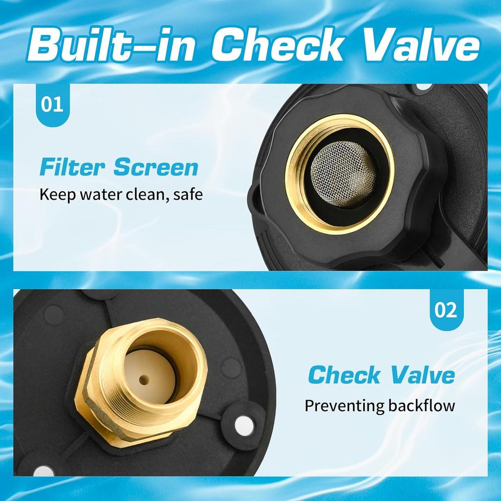 RV City Water Inlet With Brass Check Valve, Fresh Water Fill Flange For Camper Hookup, Durable RV Water Replacement Connection Fittings, Black