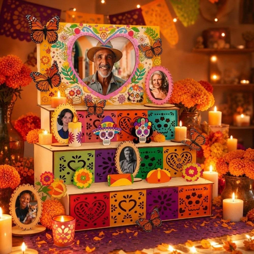 Wooden Mexican Dead Shadow Box Skulls Candles Memorial Display Box Day of The Dead