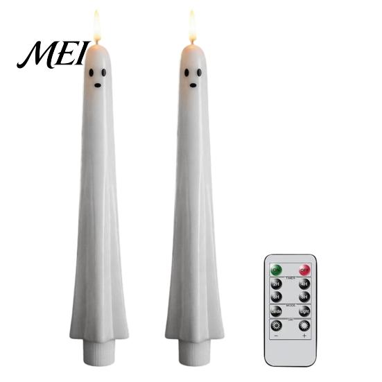 Décorations d'Halloween à piles Fantôme Bougies Coniques Sans Flamme, Lumière de Bougie Vacillante avec Veilleuses de Forme Unique Télécommande, Cire Véritable 3D
