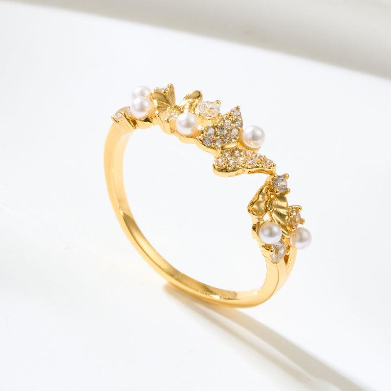 Mori Small Fresh Butterfly Open Ring Fashionable Versatile Micro-inlaid Zircon Imitation Pearl Ring Adjustable Index Finger Ring