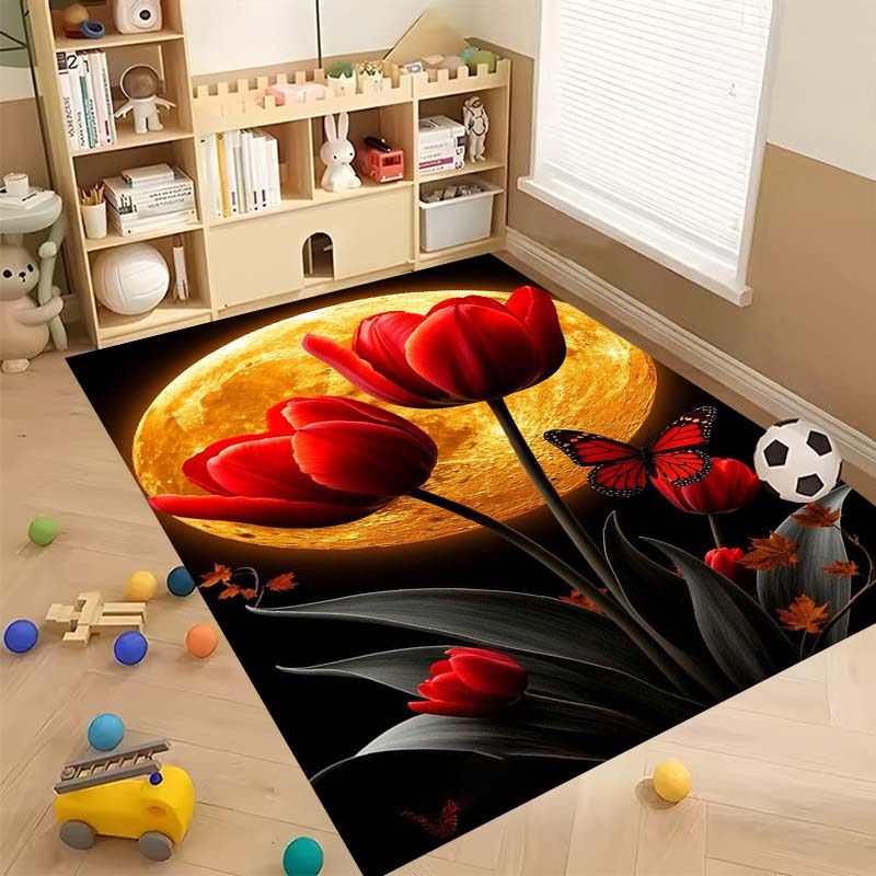 Luxurious Vintage Tulip Floral Pattern Floor Mat, Non-slip, Machine Washable, Suitable for Living Rooms, Bedrooms, and Home Déco