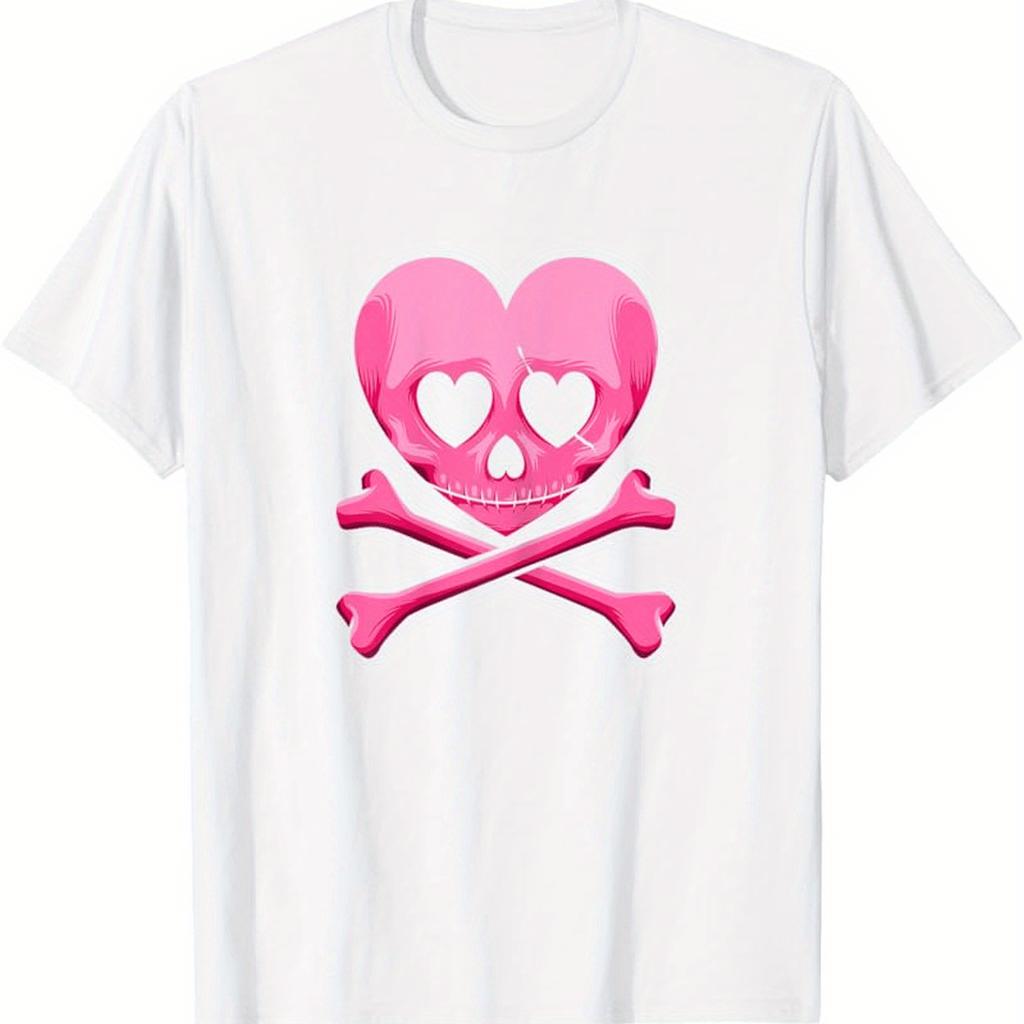 Pink Heart Skull Crossbones Graphic Tee Gothic Couples Matching Unisex Cotton T-Shirt Casual Daily