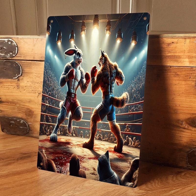 

1 piece of animal boxing match tin plaque, creative cartoon animal fighting scene decorative painting, suitable for living room, (as the picture,20x30cm)