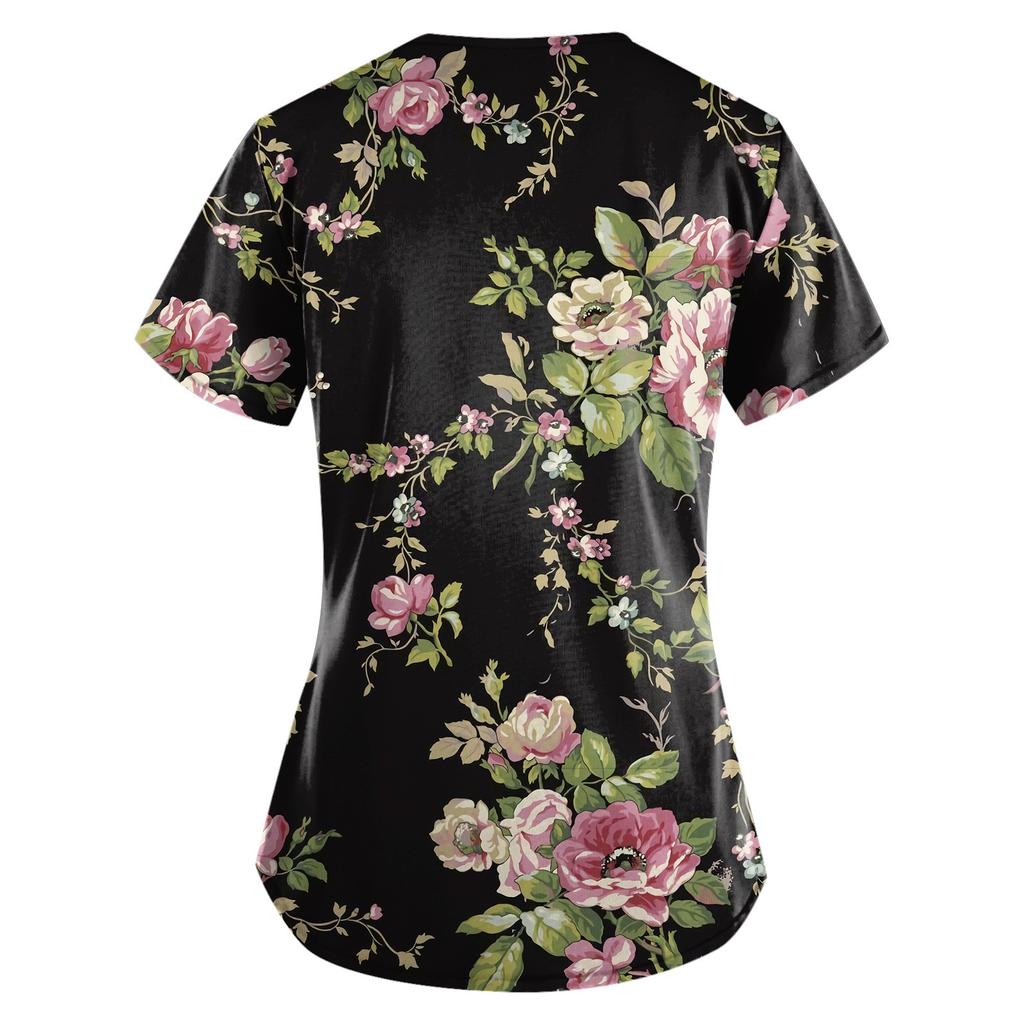Women Fashion Spring And Summer Oil Painting Print V-neck Short Sleeve Workwear With Pockets Tops
