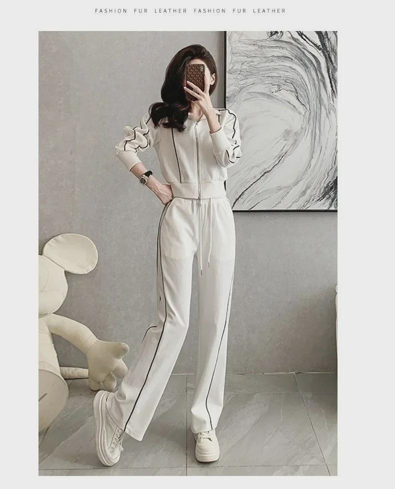 Americký styl Trendy Dámská Slim Fit Bunda na zip a Kalhoty se širokými nohavicemi Dvoudílný oblek na podzim a zimu