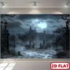 2D Flat Banner Halloween Background Cloth - Gothic Manor and Cemetery Scene Full moon.PMJ