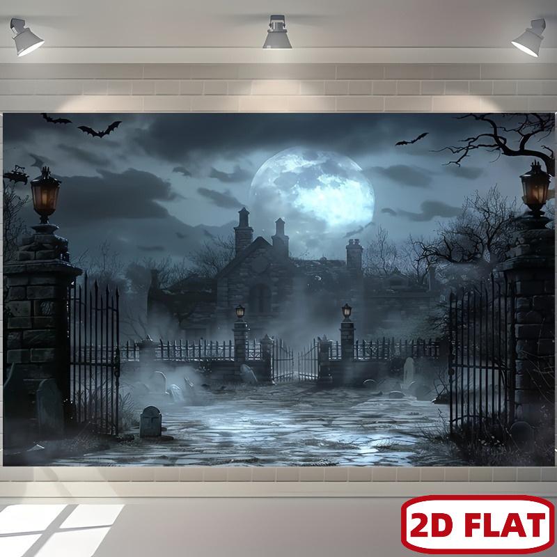 2D Flat Banner Halloween Background Cloth - Gothic Manor and Cemetery Scene Full moon.PMJ