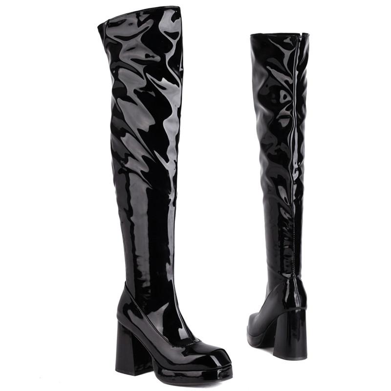 Sexiga lårhöga stövlar för kvinnor Sexiga Patentfetisch festskor Damklackar över knäet Stövlar Röd Svart Röd Vinter Lång Sko