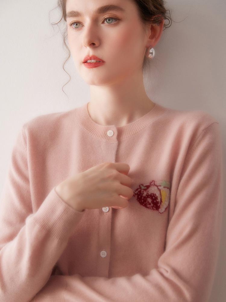 Soft, Skin-Friendly 100% Cashmere Knit Round Neck Cardigan, Single-Breasted Jacquard Commuter Top
