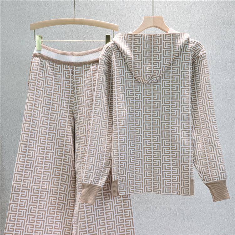 European & American Women's Hooded Jacket & Wide-Leg Pants Knit Two-Piece Set for Spring & Autumn