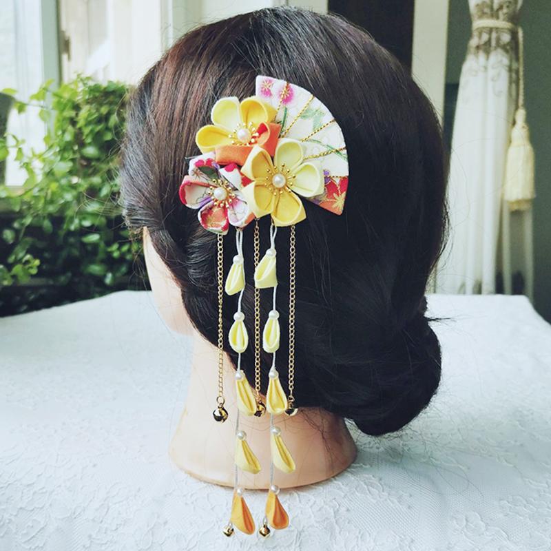 Japanese Kimono Handmade Fabric Flower Folding Fan Hair Accessories Clip Tassel Headwea Headdress Barrette Yukata Festvial Deco