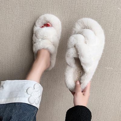 Winter New Flat Fluffy Slippers Women's Round Head Open Toe Suede Thick Bottom Comfortable Cotton Drag