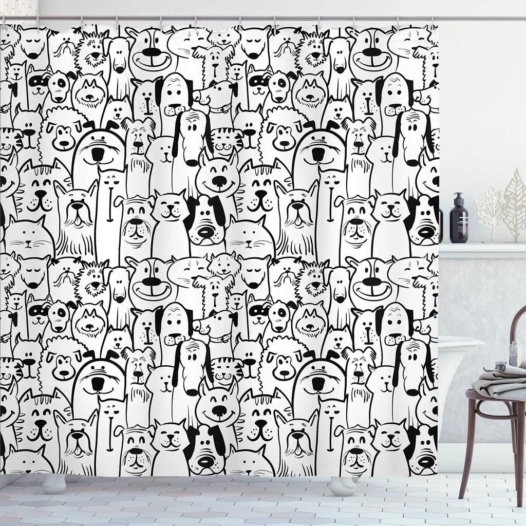 Raining Cats and Dogs Shower Curtain Funny Cartoon Cute Animal Hilarious Pets Playing Water Polyester Waterproof Bathroom Panels