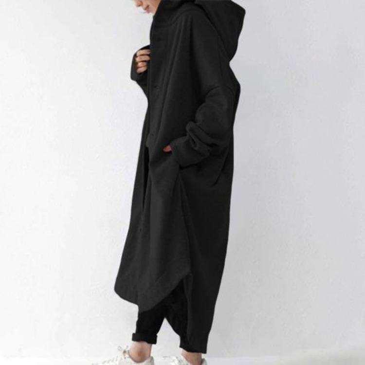 Winter Women Long Sleeve Trench Coat Ankle Length Hooded Single Breasted Thick Pockets Solid Color Irregular Hem Casual Outdoor Jacket