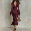 European and American Fashion Satin Striped Long-sleeved V-neck Button-spliced Elegant Dress